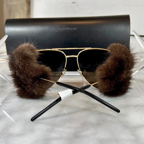 Saint Laurent Mink Fur Classic 11 Aviator Shield Sunglasses - Picture 4 of 14
